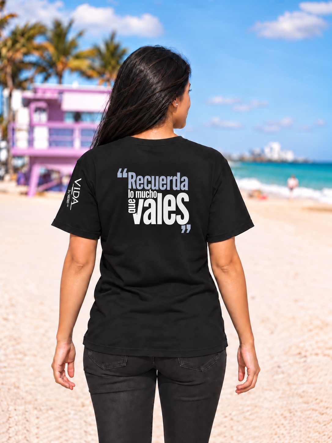 Tinta on Vida Tee — Black — Spanish back print: Recuerda lo mucho que vales
